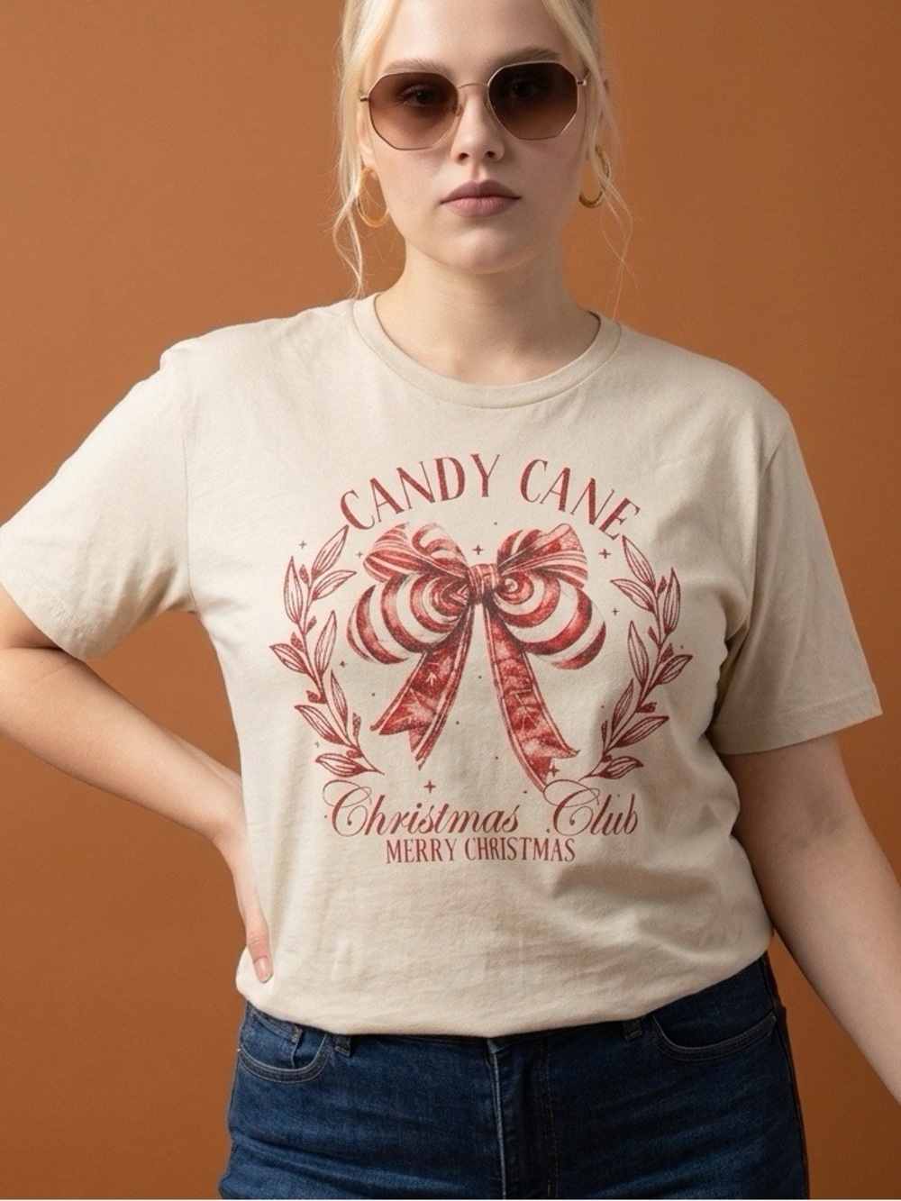 Candy Cane Graphic Tee - Cream with Red Print